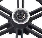 Rear Wheel Assembly for the Swagtron Swagger 5 Elite Folding Electric Scooter, featuring a close-up of the 8.5x2.0 tire on a cast metal, 6-spoke rim with visible mounting holes and wheel bearing.