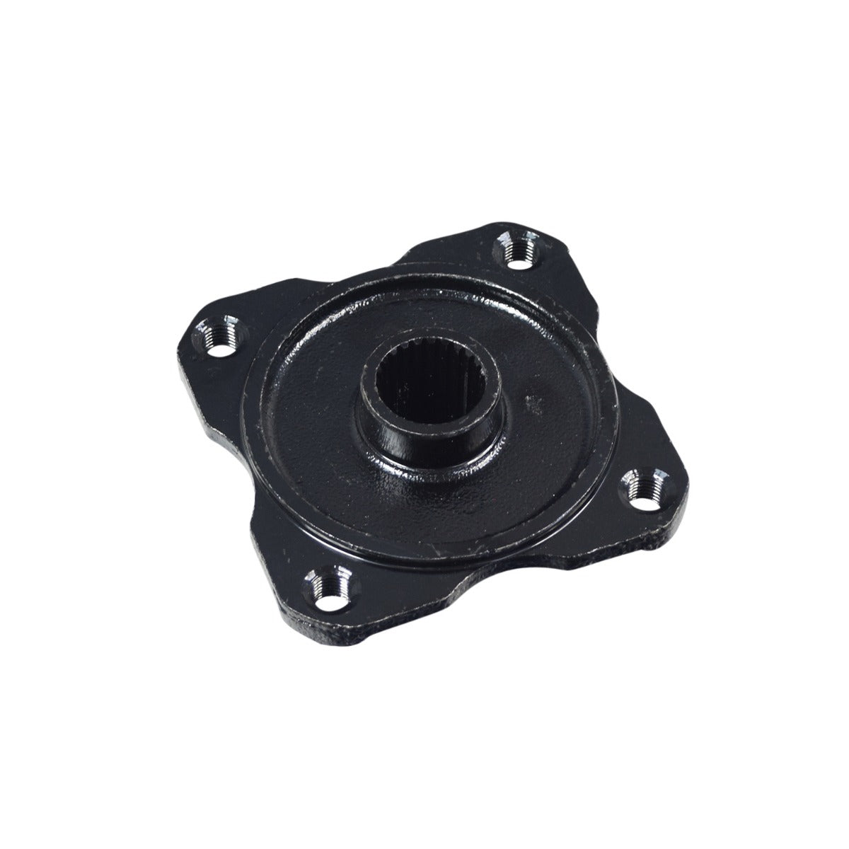 Rear Wheel Hub for the Coleman AT200-B ATV, a black metal object with a central hole, designed to secure rear wheel rims to the axle with four threaded bolts.