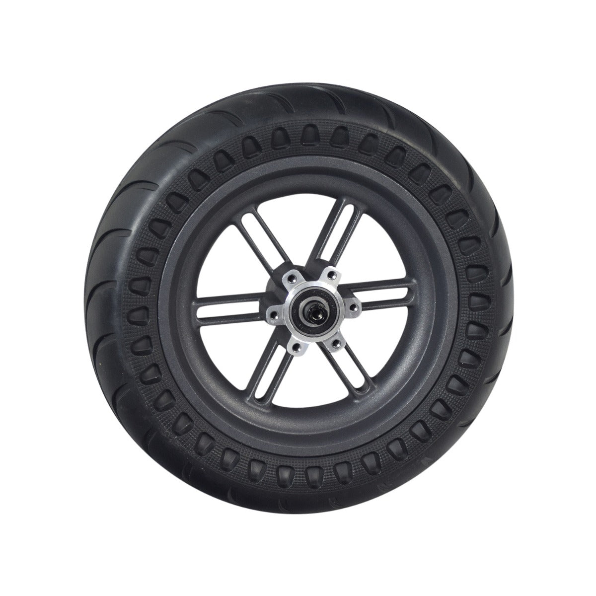 Rear Wheel Assembly for the Hiboy® S2 Pro Electric Scooter featuring a solid 10 tire mounted on a 6-spoke silver rim with six brake disc mounting holes and two included bearings.