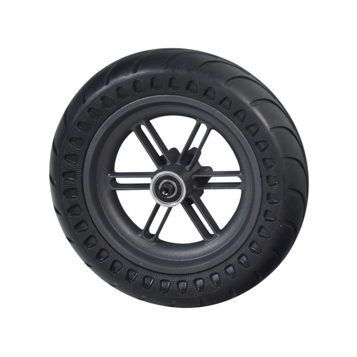 Rear Wheel Assembly for the Hiboy® S2 Pro Electric Scooter featuring a solid 10 tire mounted on a 6-spoke rim with six mounting holes for the brake disc and included bearings.