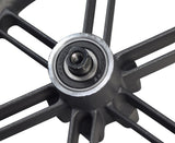 Close-up of the Rear Wheel Assembly for the Hiboy® S2 Pro Electric Scooter, featuring a solid 10 tire on a 6-spoke rim with six brake disc mounting holes and two included bearings.