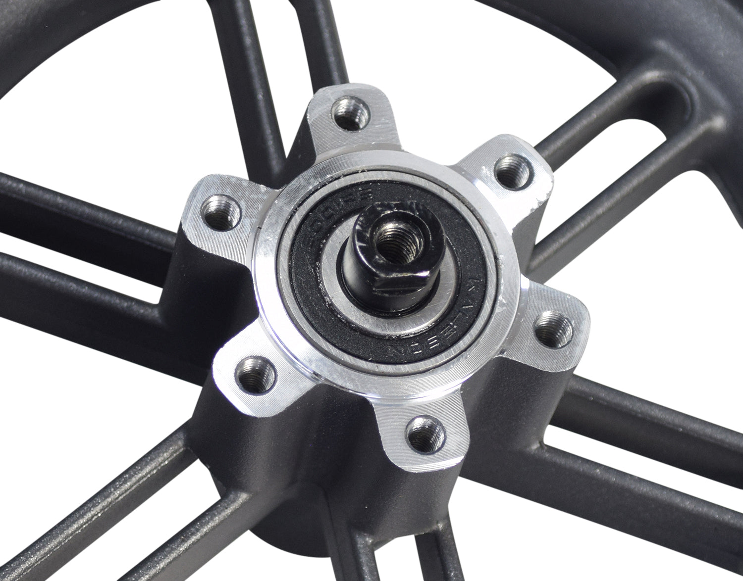 Rear Wheel Assembly for the Hiboy® S2 Pro Electric Scooter, featuring a solid 10 tire on a 6-spoke rim with six brake disc mounting holes and two 6001RS bearings included.