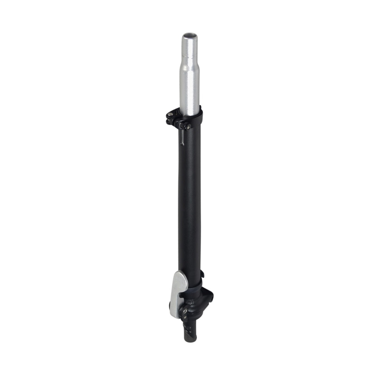 Seat Post Assembly for the Hiboy® S2 Pro Electric Scooter, featuring a black and silver cylindrical tube, including an upper post, lower pedestal with hinge, fold release lever, and adjustment clamp.