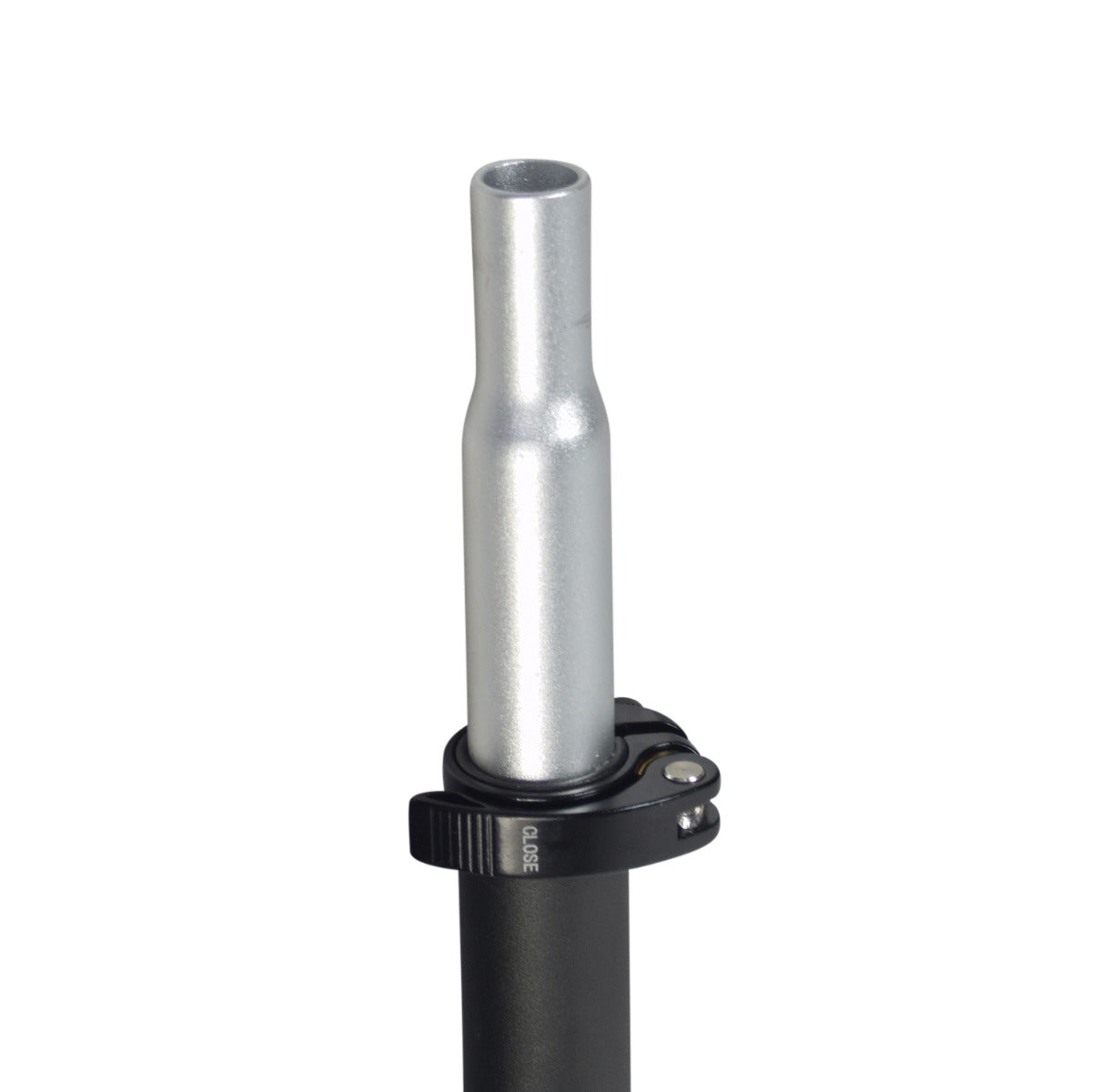 Seat Post Assembly for the Hiboy® S2 Pro Electric Scooter, featuring a silver upper post and a black lower pedestal with a folding hinge and release lever, displayed in a close-up view.