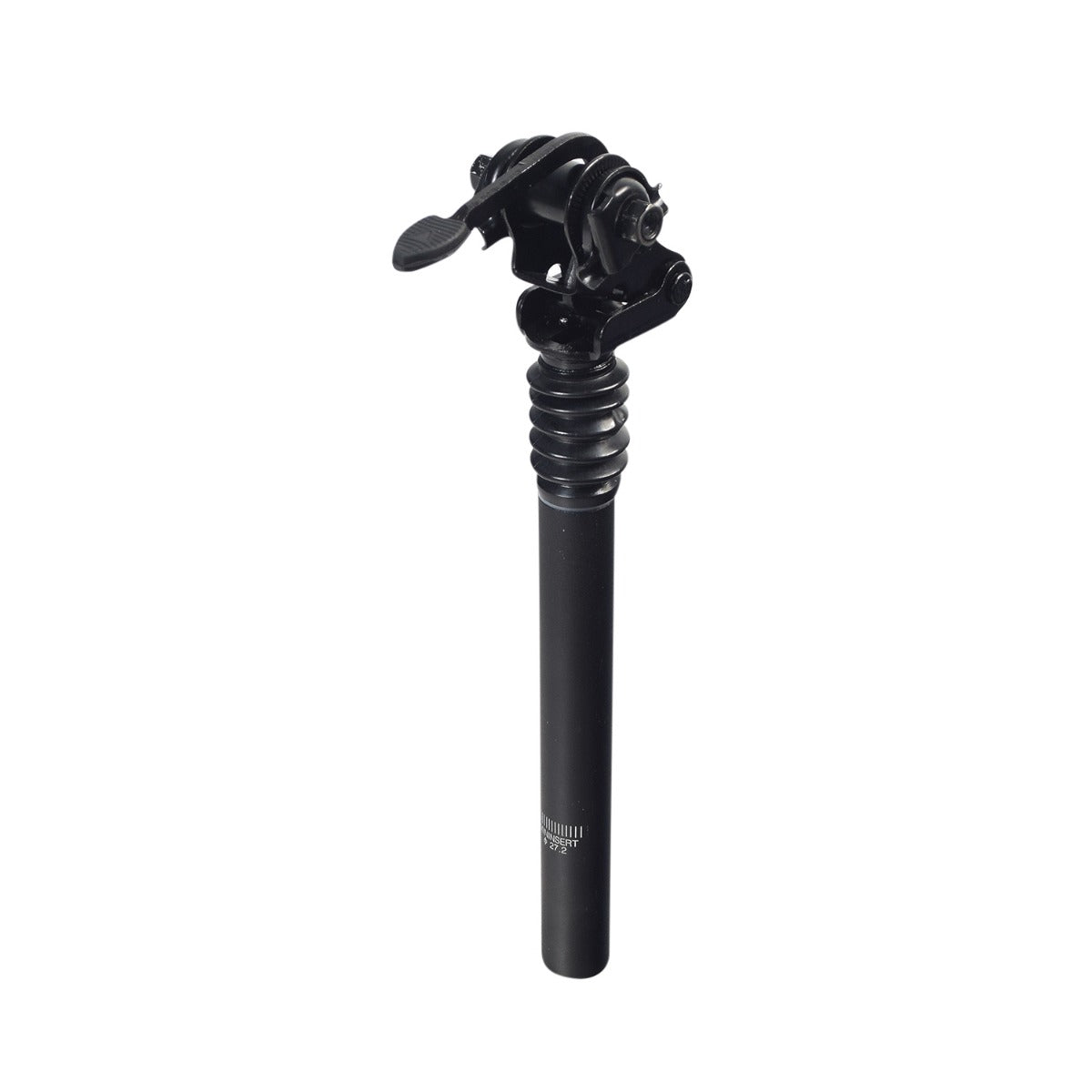 Suspension Seat Post with Lever for the HeyBike Ranger Electric Bicycle, featuring a built-in shock with a black rubber boot, matte black metal tube, and glossy black seat bracket and adjustment lever.