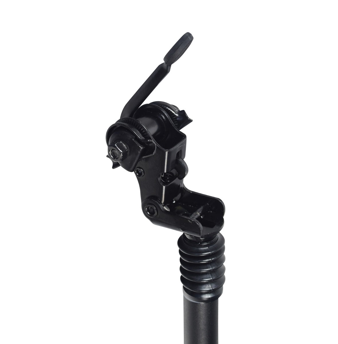 Suspension Seat Post with Lever for the HeyBike Ranger Electric Bicycle featuring a built-in shock covered by a black rubber boot, a matte black metal tube, and a glossy black seat bracket and lever.