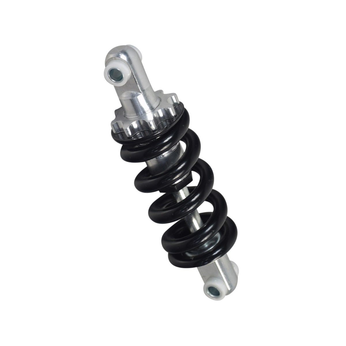 Rear Shock for the Fit Right FRP DB001 50cc Dirt Bike: A close-up of a black and silver metal shock absorber with a visible black coil spring.