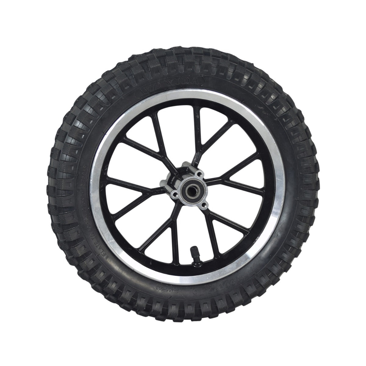 Front or Rear Wheel Assembly for the Fit Right FRP DB001 50cc Dirt Bike featuring a 12-1/2x2.75 pneumatic black tire with a silver rim and pre-installed 6001 2RS bearings.