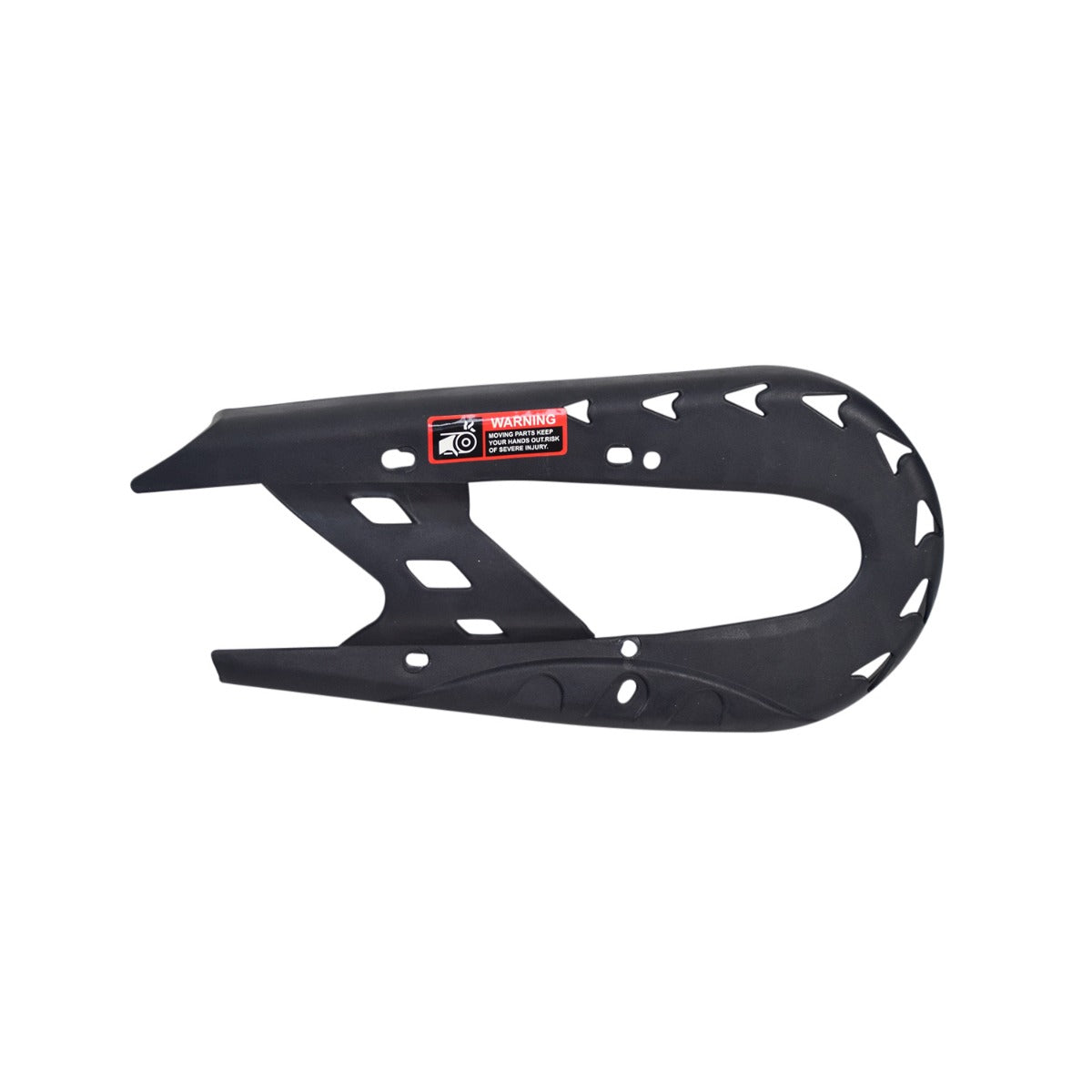 Chain Guard for the Fit Right FRP DB001 50cc Dirt Bike, made of black heavy-duty plastic with four mounting holes, featuring a red and white warning label to deter debris and protect users.