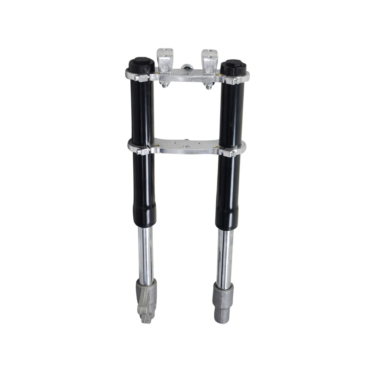 Front Fork for the Fit Right FRP DB001 50cc Dirt Bike with a sturdy black and silver metal frame, designed for durability and safety, featuring lower handlebar clamps.