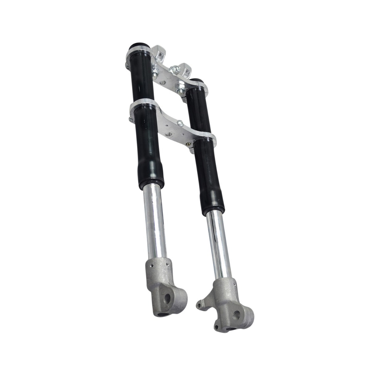 Front fork for the Fit Right FRP DB001 50cc dirt bike, showcasing a robust black and silver metal frame with close-up views of the fork, metal parts, and handlebar clamps.