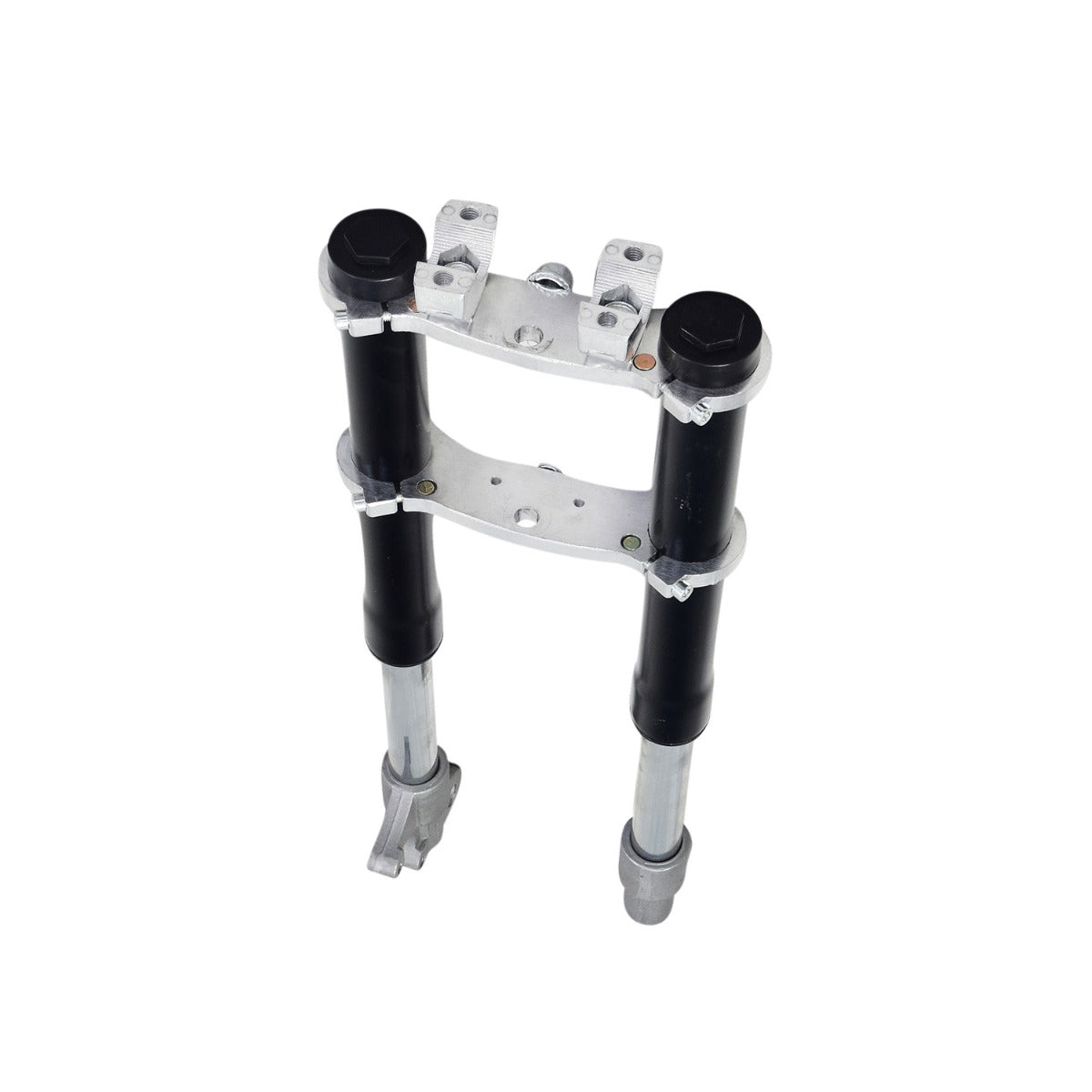 Front Fork for the Fit Right FRP DB001 50cc Dirt Bike, featuring a black and silver metal frame with visible bolts and handlebar clamps, designed for durability and easy replacement.