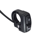 Dual Function Switch for Electric Bicycles featuring two buttons for horn and lights, attached to a 10-3/4 harness with a round 3-hole connector, suitable for 7/8 handlebars.