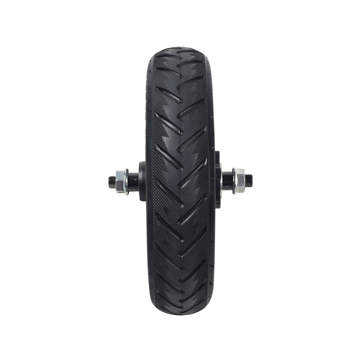 Front Wheel Assembly for GOTRAX Apex & Apex XL Electric Scooters featuring an 8.5x2 tire with a distinct tread pattern, mounted on a 5-spoke black plastic rim with pre-installed bearings.