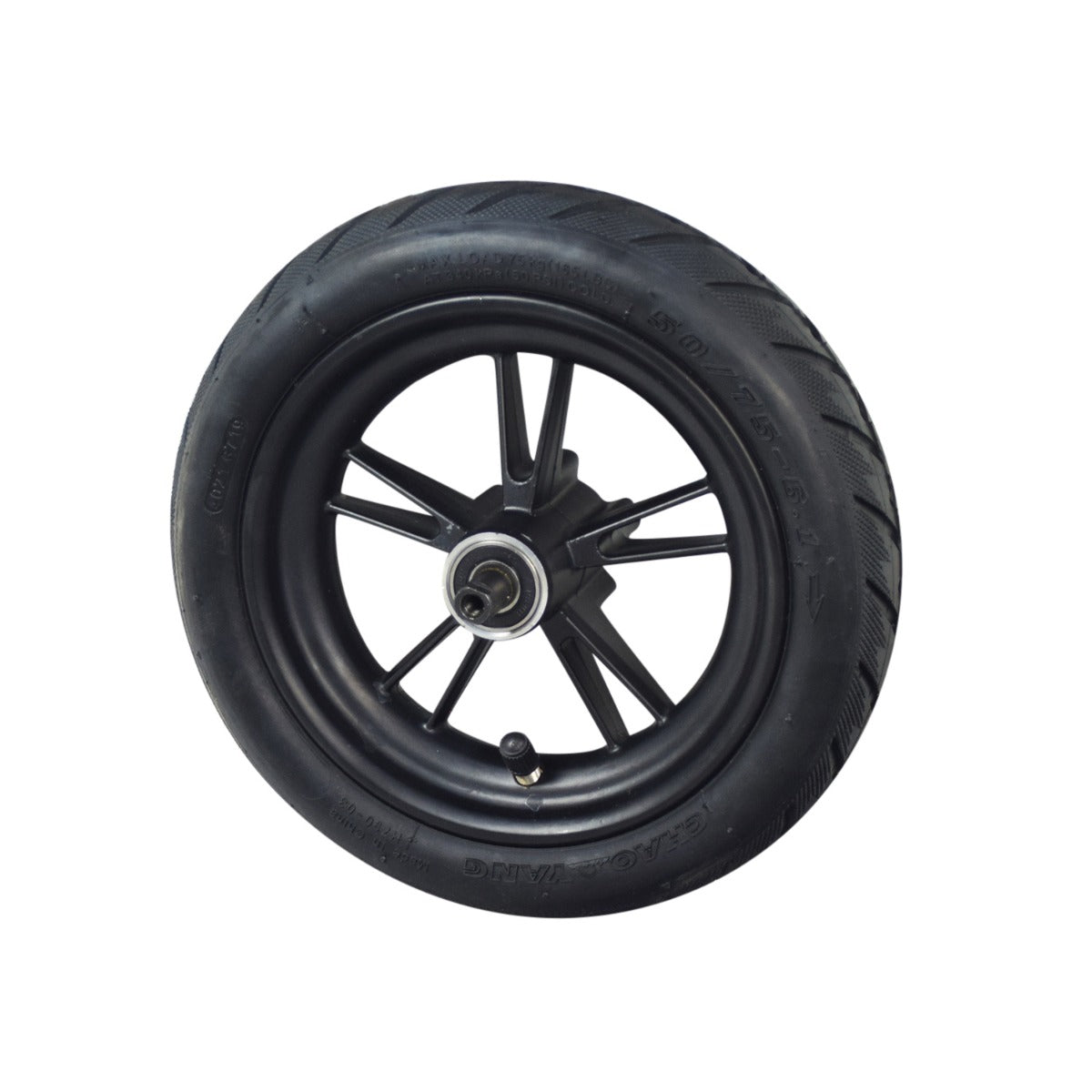 Rear Wheel Assembly for the GOTRAX XR Elite Electric Scooter, featuring a black wheel with a metal spoke and a 50/75-6.1 pneumatic tire, fully assembled with 6001RS bearings.