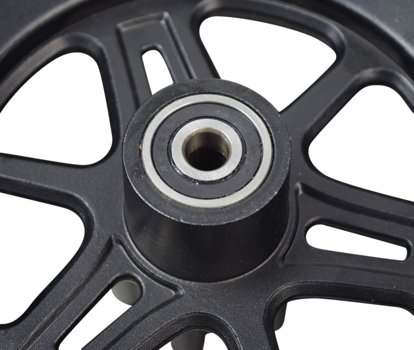 Front Wheel Assembly for the Jetson® LX10 Folding Electric Bicycle featuring a close-up of the black multi-spoke rim with a pre-installed 10x2.50-6.5 tubeless pneumatic tire and bearings.