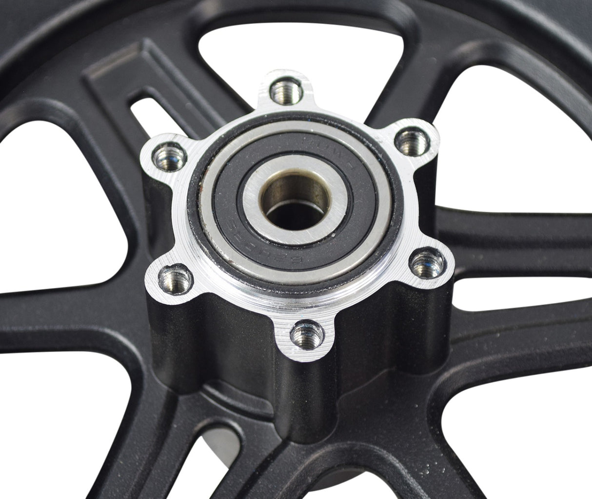 Close-up of the Front Wheel Assembly for the Jetson® LX10 Folding Electric Bicycle, featuring a black multi-spoke rim with a tubeless pneumatic tire and pre-installed 6200RS bearings.