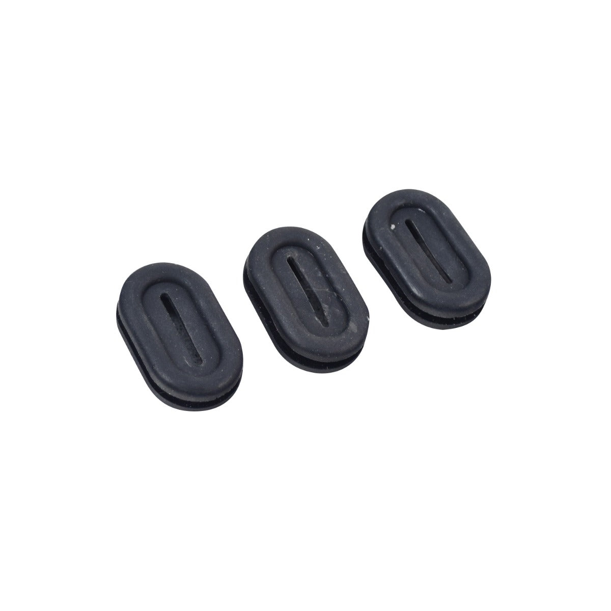 Rubber Grommet Set for the Jetson® LX10 Folding Electric Bicycle, featuring three black oval rubber grommets with center holes, designed for secure placement on the seat post.