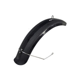 Front Fender for Electric Bikes: A black fender with an attached wire and metal mounting bracket, designed for easy installation and made of durable ABS plastic in a matte and gloss stripe pattern.