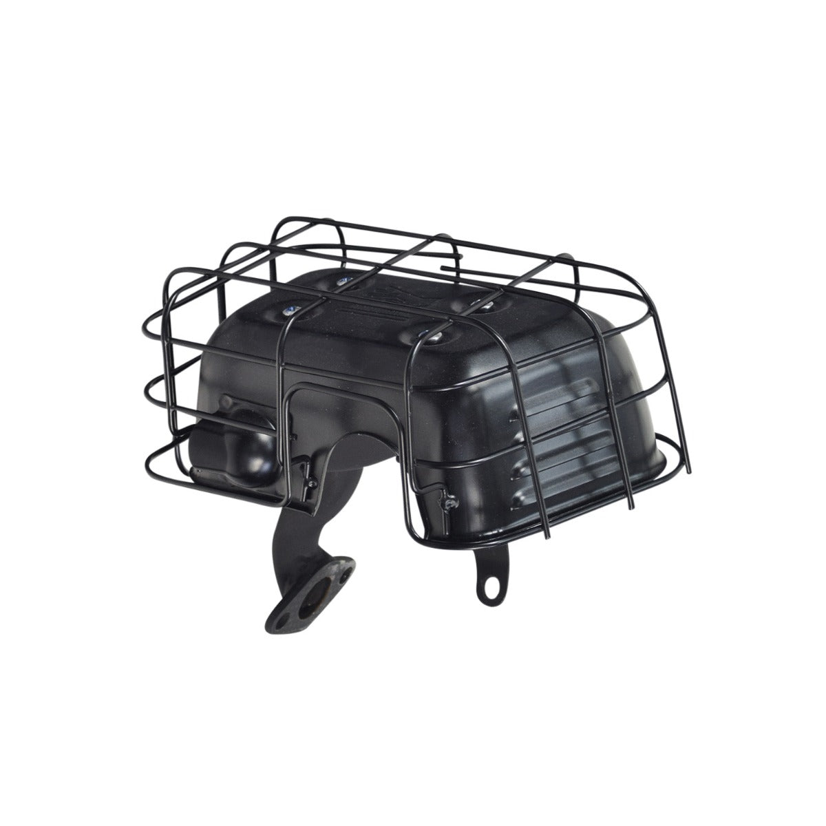 Muffler Assembly with Protective Cage for the Massimo MM-MB100 Mini Bike, featuring a black metal muffler with a wire mesh protective cage, providing noise reduction and durability for the mini bike.