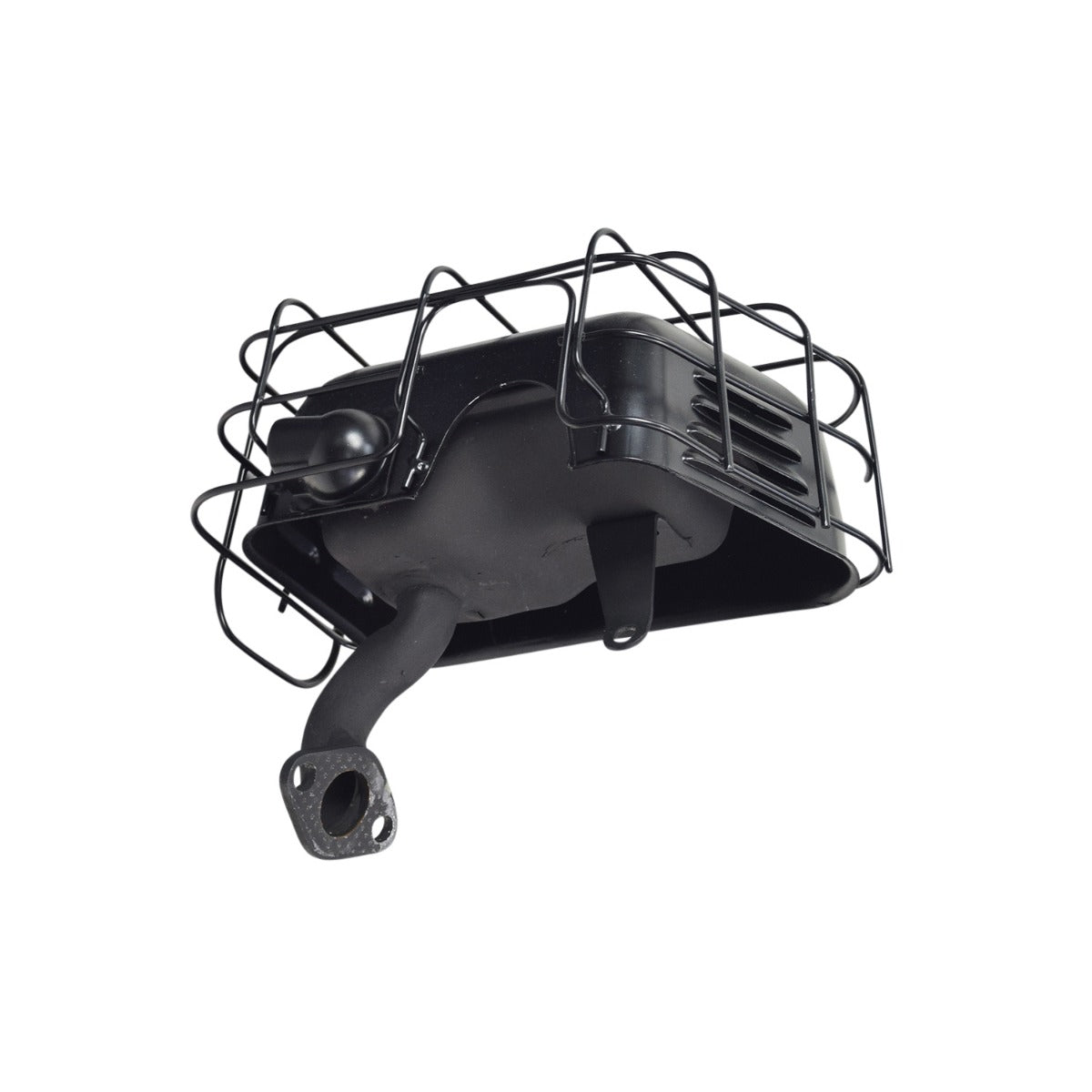 Muffler Assembly with Protective Cage for the Massimo MM-MB100 Mini Bike, featuring a high-quality welded metal muffler in matte black, enclosed in a sleek steel cage for added protection.