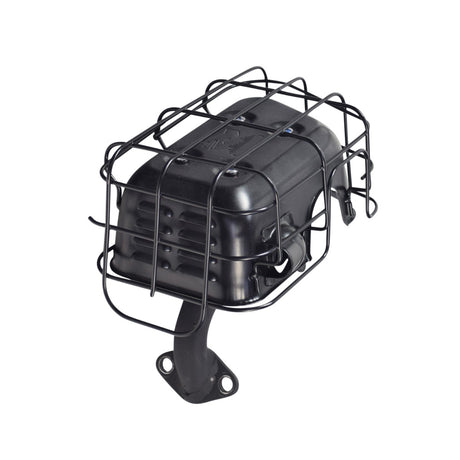 Muffler Assembly with Protective Cage for the Massimo MM-MB100 Mini Bike, featuring a matte black welded metal muffler encased in a gloss black wire mesh steel cage.