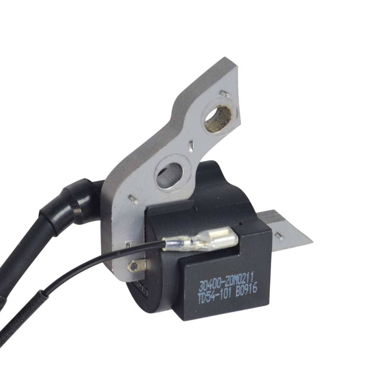 Ignition Coil for the Massimo MM-MB100 Mini Bike, featuring a black and silver electrical device with attached wires, including a 12-3/4 cable and a detachable 13 black wire.