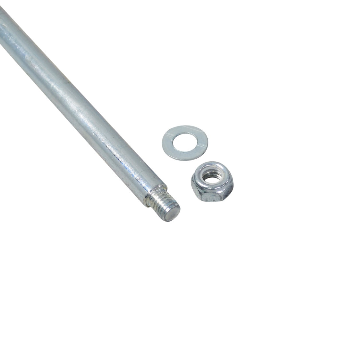 Metal rod axle with nut and bolt for Flybar Cocomelon / Disney's Minnie Mouse / Gabby's Dollhouse / Marvel's Spidey and His Amazing Friends 6 Volt Electric Bumper Car, shown in a close-up view.