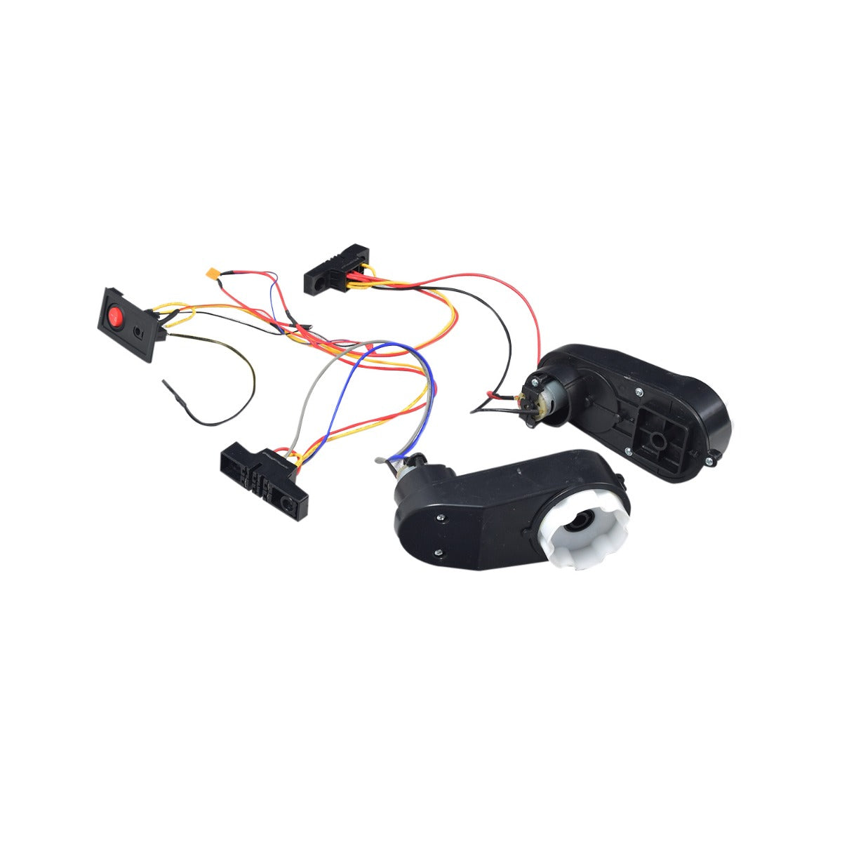 Wiring Kit with Motor & Power Button for the Flybar Cocomelon/Disney's Minnie Mouse/Gabby's Dollhouse/Marvel's Spidey and His Amazing Friends 6 Volt Electric Bumper Car, featuring connectors, wires, a motor, and a red toggle switch.