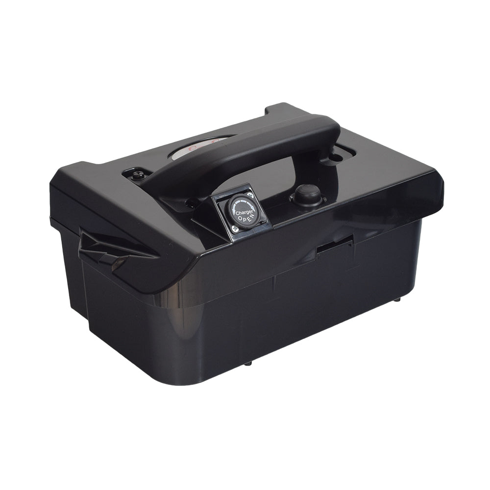 24 Volt AGM Battery Box Assembly for the EV Rider Transport, featuring a black box with a dial and handle, suitable for standard capacity replacement or backup power source for the mobility scooter.