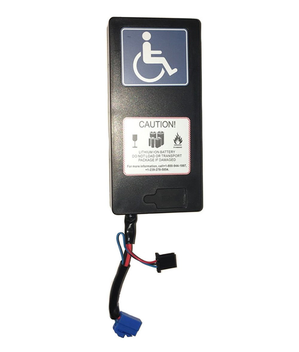 25.2 Volt Lithium Battery for the EV Rider Transport AF (S19AF), showcased on a black surface near a wheelchair warning sign, highlighting its lightweight, high-capacity design crucial for extended mobility scooter use.