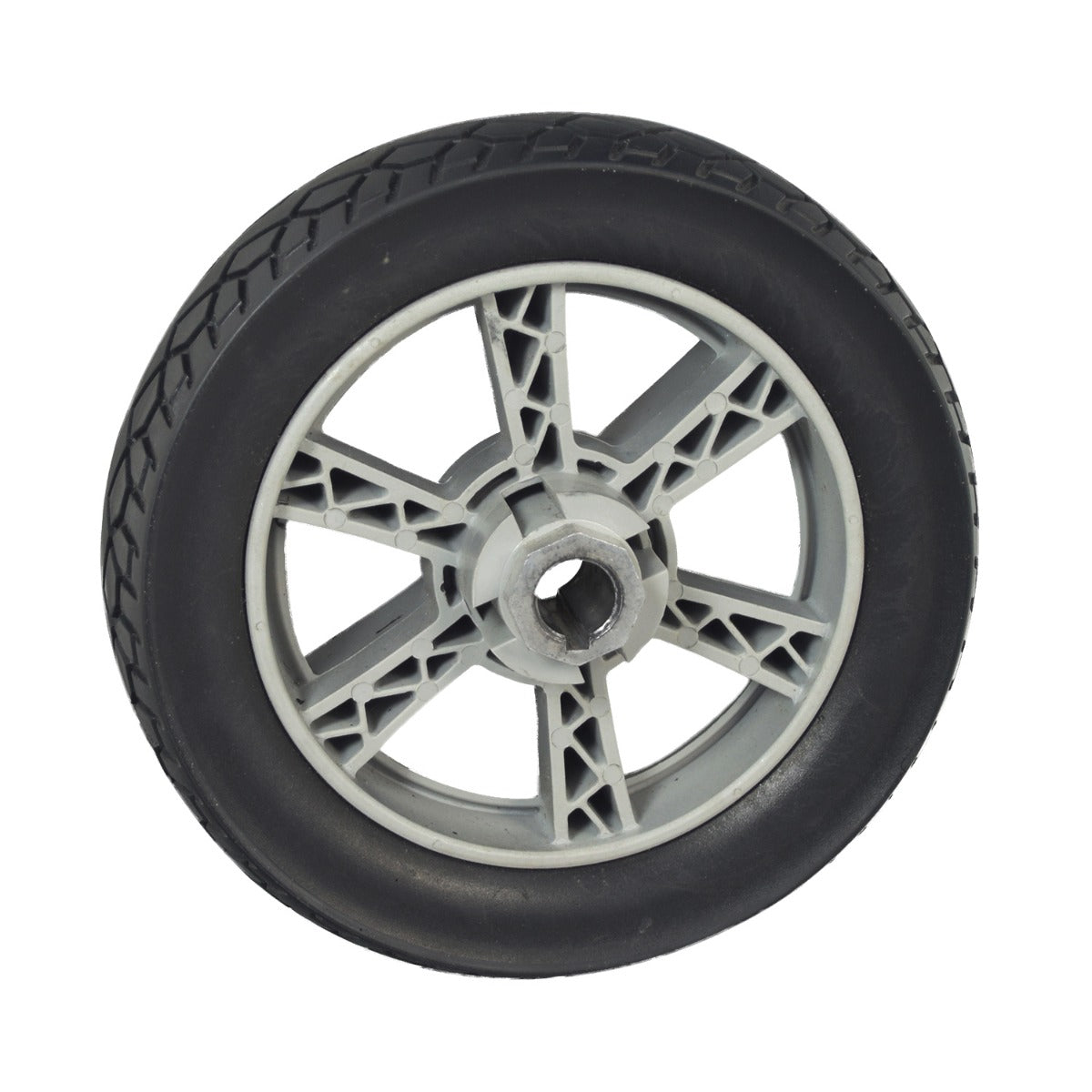 8x2 (200x50) Rear Wheel Assembly for the EV Rider Transport AF (S19AF) showing a black tire with a silver rim, designed for mobility scooters.