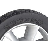 8x2 (200x50) Rear Wheel Assembly for the EV Rider Transport AF (S19AF) featuring a close-up of the solid, flat-free black tire with visible tread and rim details.