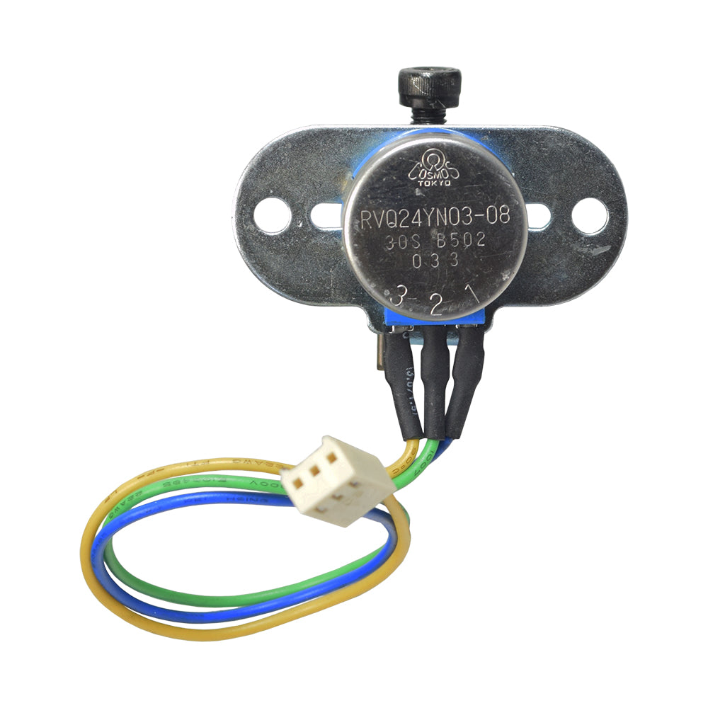 Throttle Potentiometer for the EV Rider Transport AF (S19AF), showing a small metal device with connected wires and a round metal object in close-up, crucial for controlling scooter's forward and reverse functions.