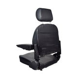 Seat Assembly with Headrest & Armrests for eWheels EW-36, EW-36 Elite, & EW-46 Scooters: black vinyl seat with headrest, armrests, and an 18 wide base, designed for easy cleaning.