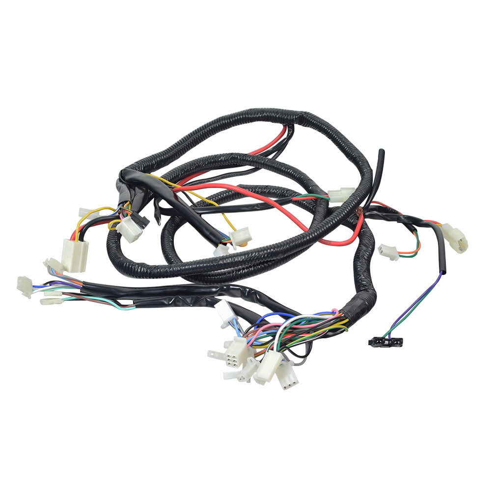 Front to Rear Wiring Harness for the eWheels E36 Scooter, showcasing close-up details of various colored electrical wires and connectors essential for efficient power and signal transmission within the scooter.