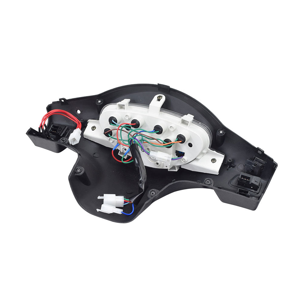 Dashboard Console Back Assembly for eWheels EW-36 & EW-36 Elite Scooters, featuring wires and device components like the speedometer, battery gauge, horn button, headlight switch, and turn indicator button.