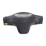 Dashboard Console Back Assembly for eWheels EW-36 & EW-36 Elite Scooters featuring a black steering wheel with a glass panel, circular dial, and control buttons for speedometer, battery gauge, horn, headlight, and turn indicators.