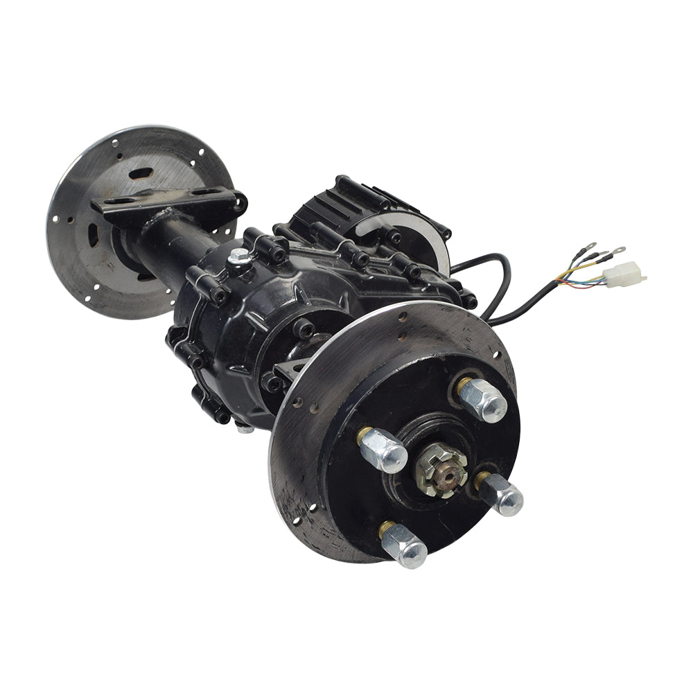 Motor, Gearbox, & Transaxle Assembly for the eWheels EW-36 Scooter, showcasing black metal components, wires, screws, and brake discs, all integrated into a complete package for easy scooter repair and maintenance.