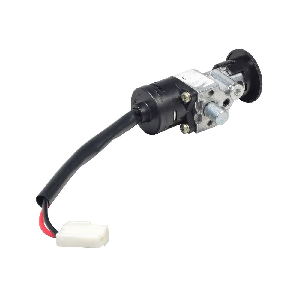 Ignition Key Switch for eWheels EW-36, EW-36 Elite, & EW-37 Scooters, featuring a black and silver electrical device with a black cable and wire, essential for electric On/Off and fob signal reception.