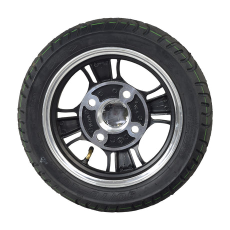 Rear Wheel Assembly for eWheels EW-36 & EW-36 Elite Scooters featuring a black tire with a silver rim, close-up of the tread pattern and angled valve stem.