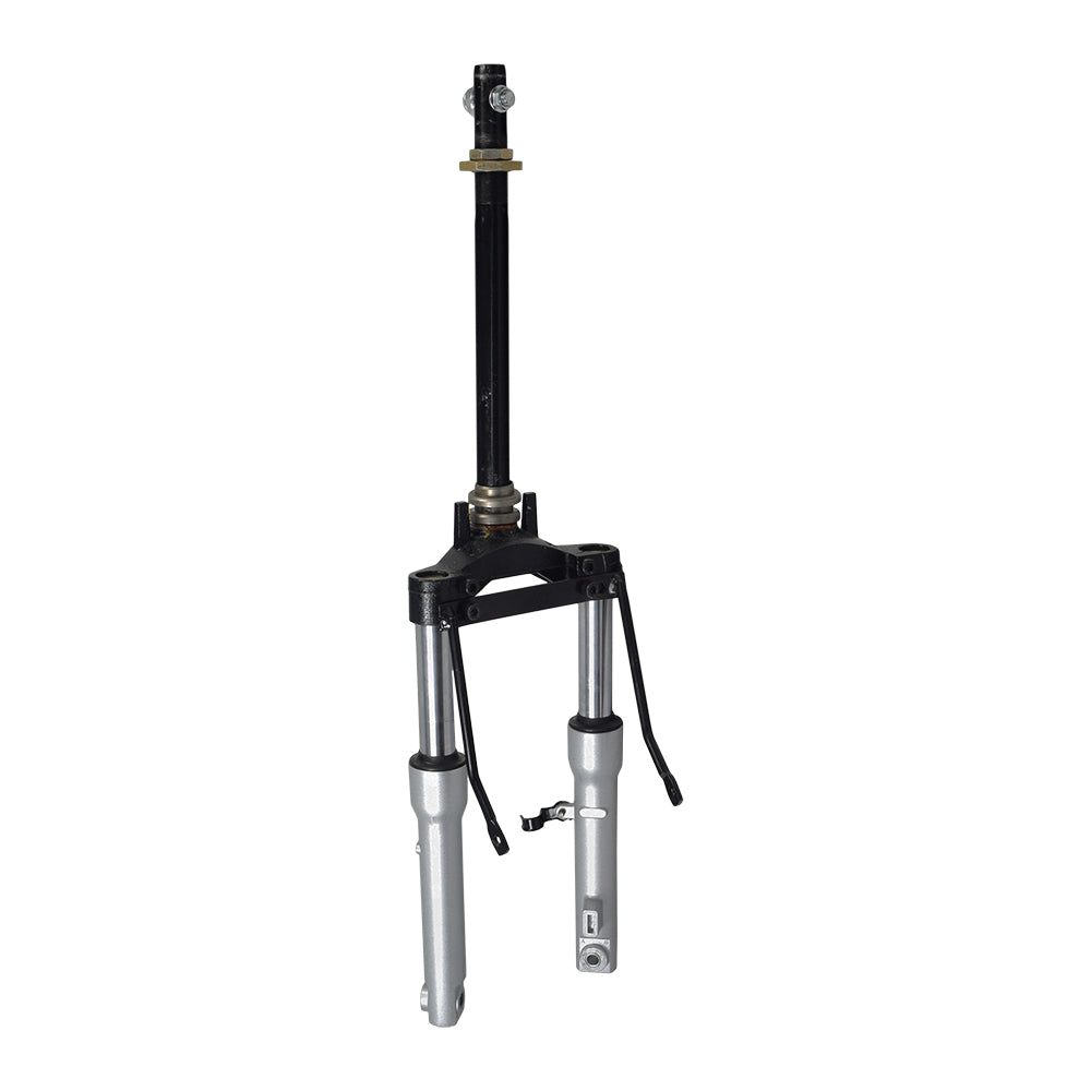 Front Fork for eWheels EW-36 & EW-36 Elite Scooters, featuring a black and silver metal frame with integrated headset bearings, designed for durability with strong steel construction.