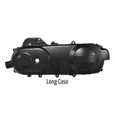 50cc 139QMB Scooter & Go-Kart Engine Crankcase Cover, black plastic with holes, suitable for 4-stroke engines, available in long and short case versions for various tire sizes.