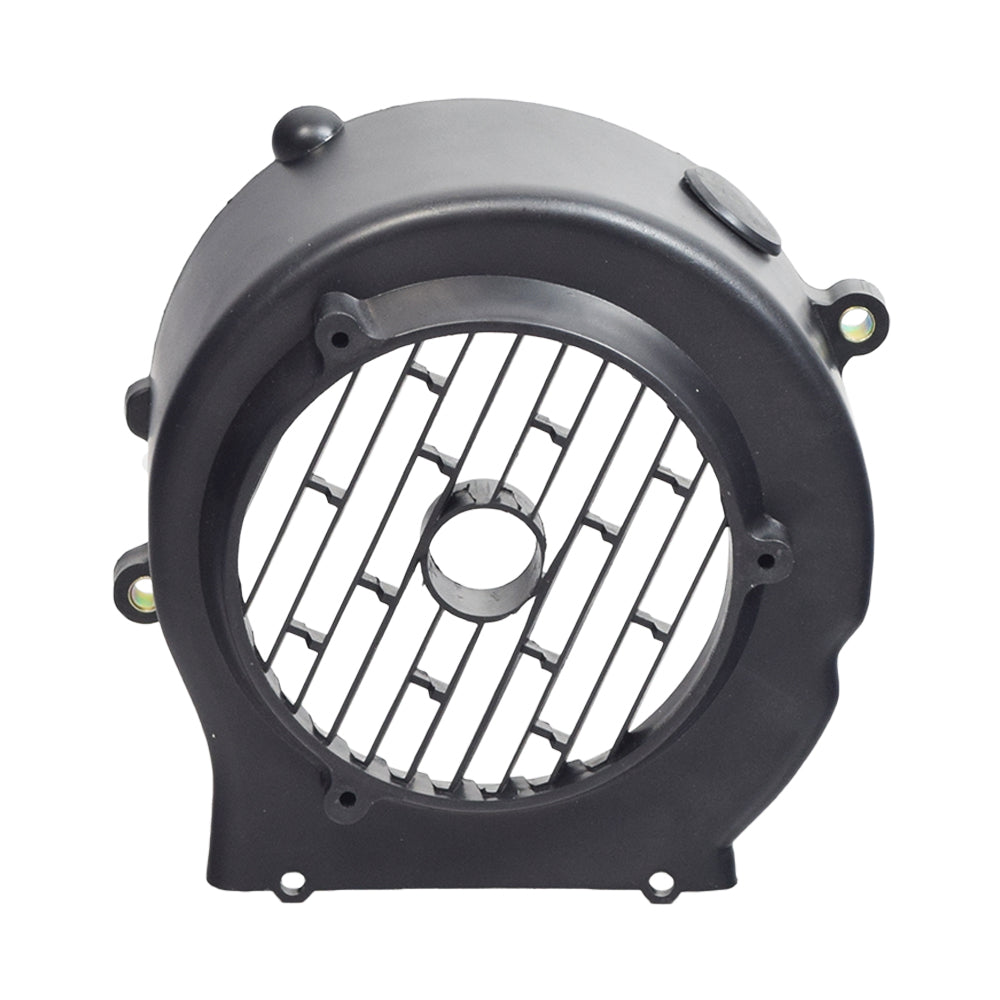 Black Plastic Cooling Fan Cover for 150cc GY6 Go-Kart & Scooter Engines, featuring a round design with a central hole, provides protection for both the rider and engine.