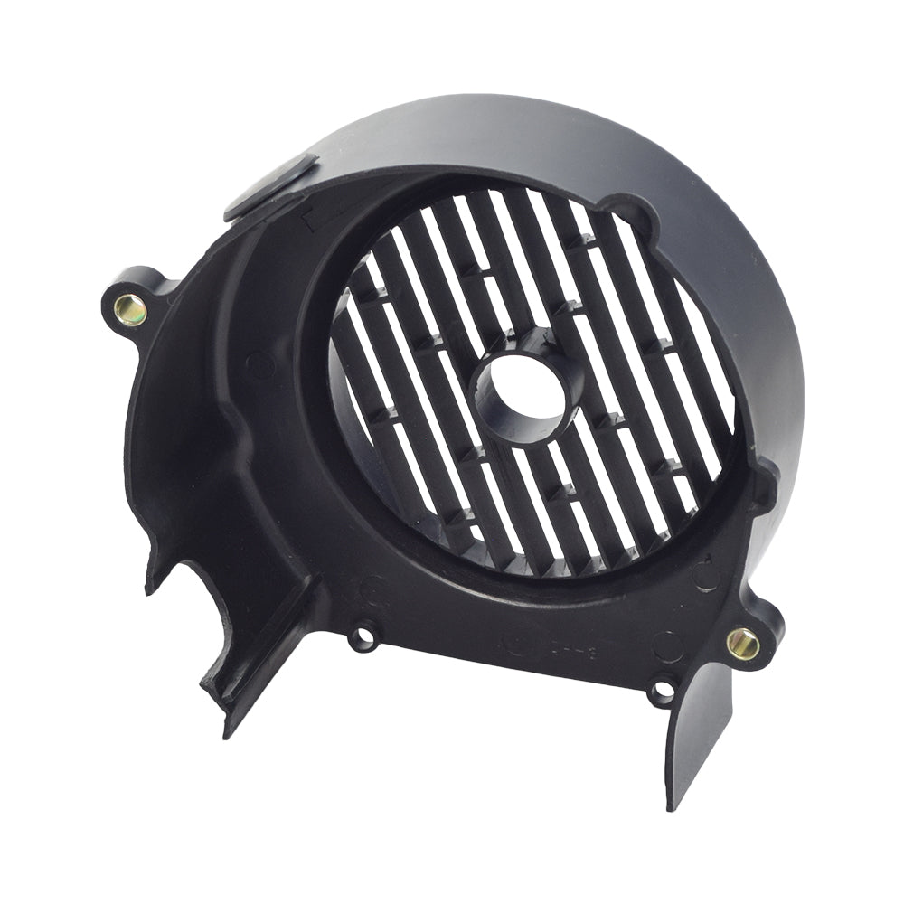 Black Plastic Cooling Fan Cover for 150cc GY6 Go-Kart & Scooter Engines, featuring multiple ventilation holes and a close-up of mounting screws for easy replacement and protection from foreign material.