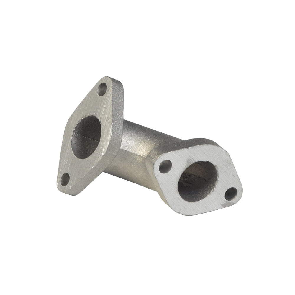 Intake Manifold for Kandi 49cc & 110cc Go-Karts, a silver metal piece with pre-drilled holes for mounting, designed to fit 49FM5, 49FM5-E, 110GKG-2, and 110GKT-2 models.