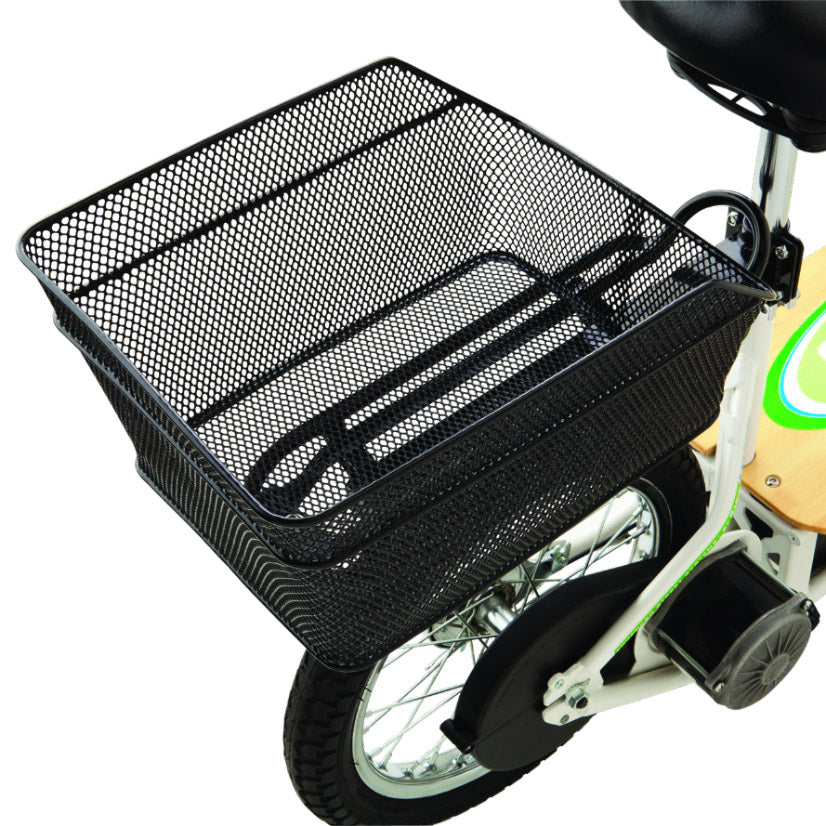 Basket with Bolt & Washer for Razor EcoSmart Metro (V2+) & EcoSmart Metro HD Scooters mounted on a bike, showcasing its utility for carrying cargo like books, bags, and groceries.