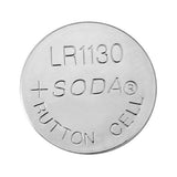 Close-up of LR1130 (AG10/389A) alkaline button cell batteries for Firefly Bicycle Lights (Pack of 10), highlighting the circular shape and engraved text.