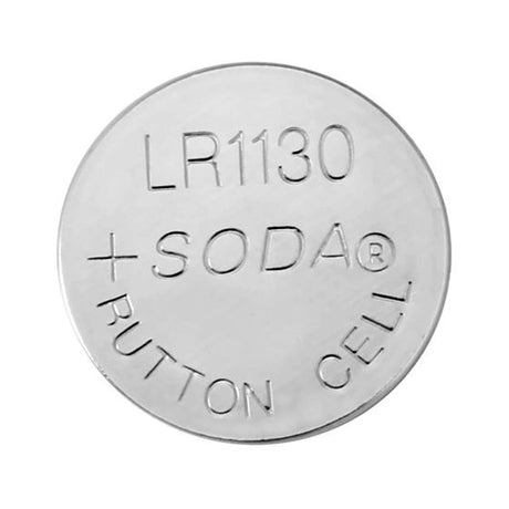 Close-up of LR1130 (AG10/389A) alkaline button cell batteries for Firefly Bicycle Lights (Pack of 10), highlighting the circular shape and engraved text.