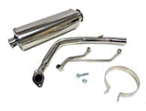 Close-up of the Round Stainless Steel Exhaust Kit for 125cc and 150cc Scooters, showcasing the muffler and metal pipe components.